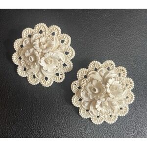 Celluloid Flower Earrings Clip Ons Carved Gold Tone Light READ